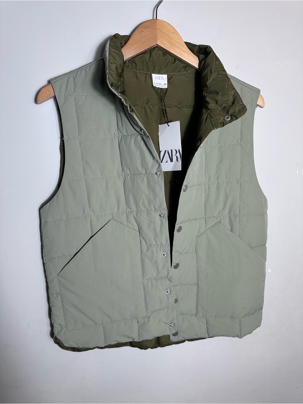 Zara Quilted Sleeveless Vest in Olive Green